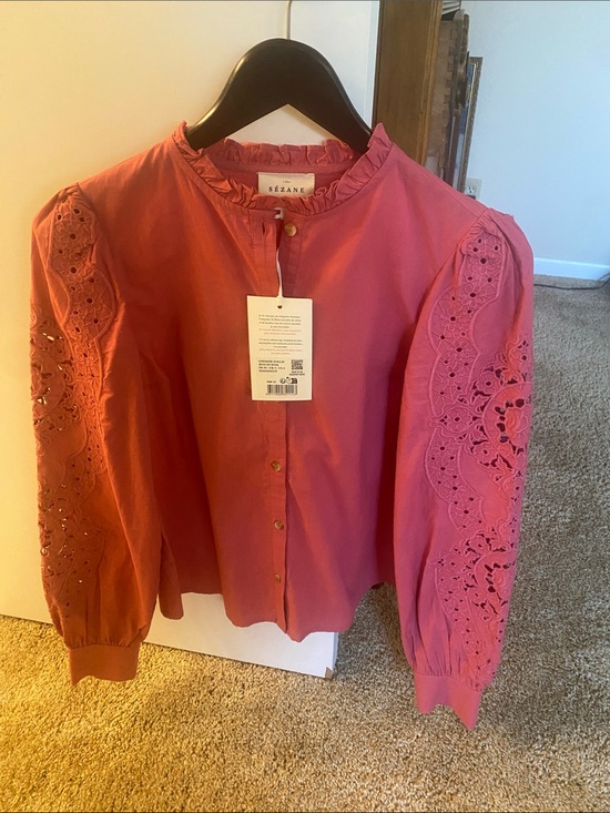 Sezane Tops - Sezane Rose-Pink Eyelet Puff-Sleeve Blouse